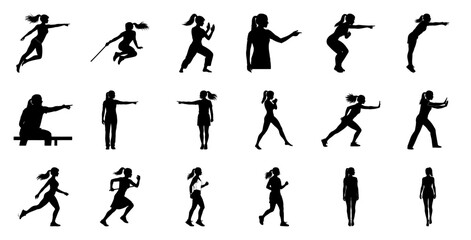 Female figures in various athletic poses silhouette