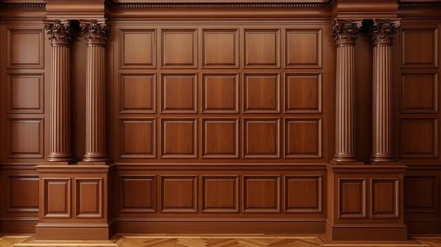 Rich Dark Wood Paneling With Classical Columns And Intricate Details In A Formal Interior Setting