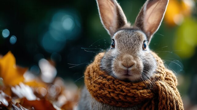 Adorable bunny rabbit wearing a cozy brown scarf surrounded by autumn leaves evokes feelings of warmth, comfort, and the magic of the fall season