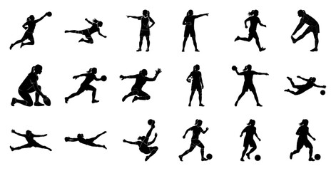 Female soccer players in action silhouette
