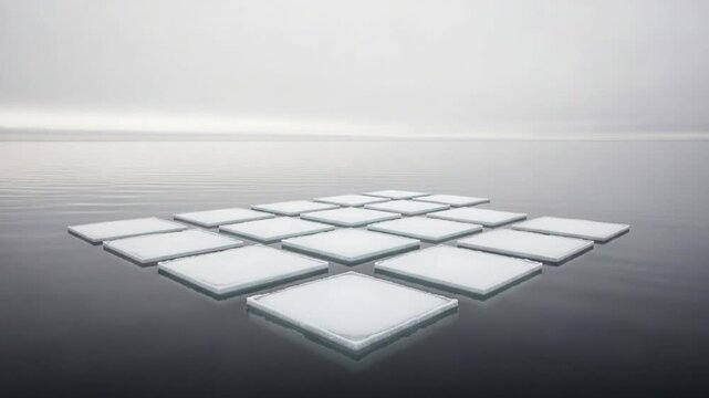 Geometric Ice Floes Arranged on a Calm Ocean Surface Under a Cloudy Sky