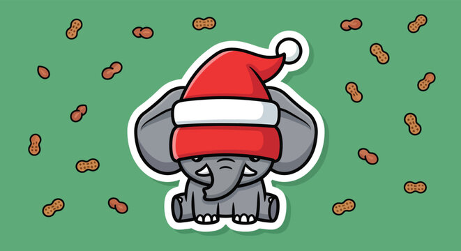 Cute elephant wearing santa hat surrounded by peanuts celebrates christmas against festive green backdrop, creating whimsical holiday scene.
