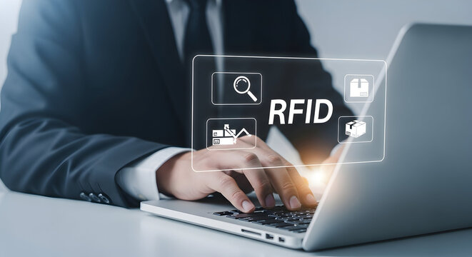 Businessman using RFID tracking technology on laptop for supply chain
