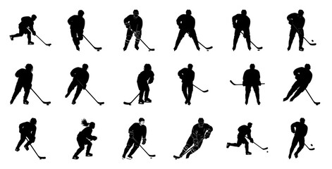 Hockey players in action silhouettes ice hockey skating