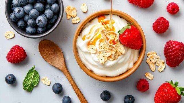 Creamy yogurt honey drizzle with fresh strawberry blueberry raspberry oatmeal wooden bowl and spoon for healthy breakfast mint leaf joyful rolled oat