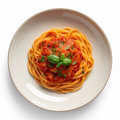 Pasta plate with tomato sauce and basil isolated on white background