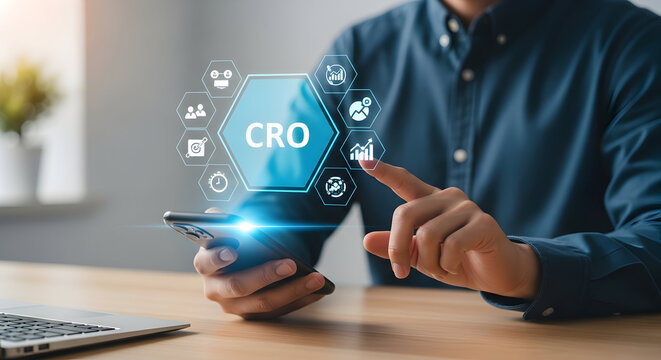 Man uses phone, digital CRO interface with analytics and growth icons