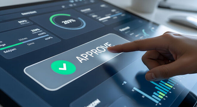 Finger presses green checkmark approve button on modern digital dashboard