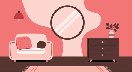 A cozy, modern living room with a pink color palette for relaxation and style, featuring comfortable furniture and decorative accents for inspiration