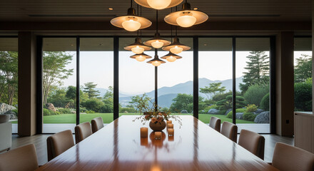 dining table room with a view of the beautiful green yard of the house
