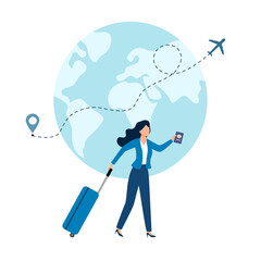 Businesswoman or entrepreneur carrying suitcase hurries to board departing aircraft. Concept of business travel or tourism, work in trip. 