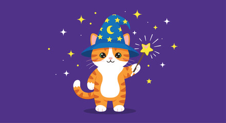Adorable cartoon cat magician with wizard hat casting spells with a star wand, perfect for children's books, Halloween, and cute animal designs for various projects