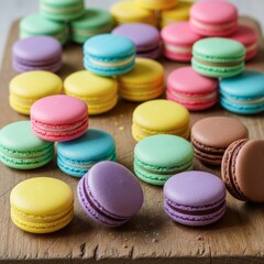 Obraz premium Colorful macarons on a wooden board create a delightful and visually appealing scene, showcasing the variety of flavors and textures in these classic french treats