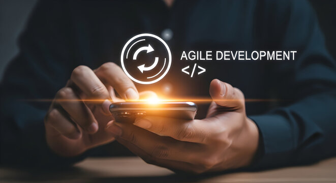 Agile development concepts with programmer hands using smartphone