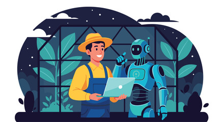 Future farming with a friendly robot helping a farmer manage crops efficiently using technology, smart agriculture solutions, and artificial intelligence