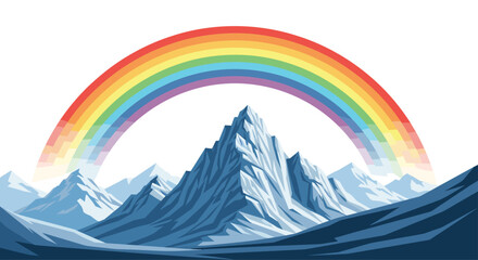 Vibrant rainbow arcs over majestic snow-capped mountains, promising hope and adventure in a cool, clean landscape, perfect for inspirational projects