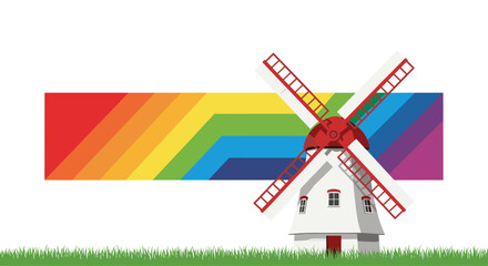 Vibrant windmill with rainbow stripes in lush green field, perfect for summer promotions and creative designs