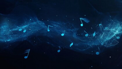 Abstract music notes floating on dark blue waves