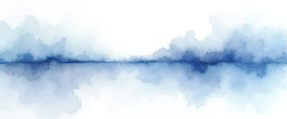 Abstract blue watercolor horizon reflection on transparent background, misty gradient ink design for modern art and graphic overlays