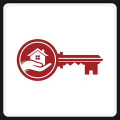 Vector art of red key with house on hand icon