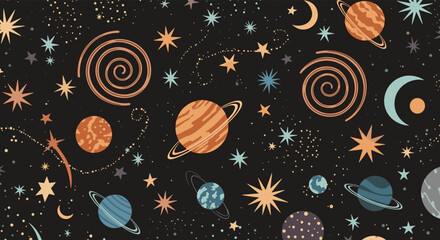 A whimsical pattern featuring planets stars moons and nebulae in a dark cosmic sky.
