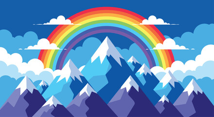 Vibrant rainbow arcs over majestic snow-capped mountains under a clear blue sky with fluffy clouds, symbolizing hope and new beginnings