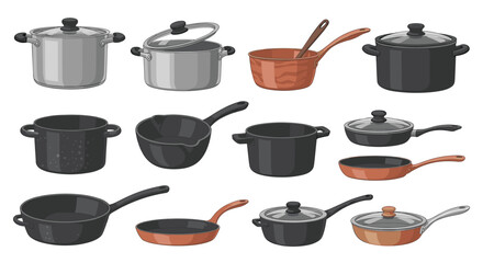 Professional collection of diverse cooking pots and pans, showcasing modern cookware essentials for culinary creativity and kitchen organization