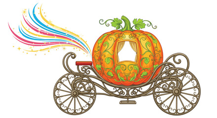 Enchanting pumpkin carriage transforms into a magical fairytale vehicle with vibrant swirls of stardust and dreams, ready for an adventure