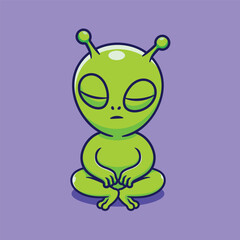 A cute green cartoon alien character sitting in a lotus yoga pose for peaceful zen meditation and mindfulness