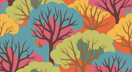 A vibrant and colorful abstract pattern of deciduous trees in various hues of green yellow blue pink and orange.