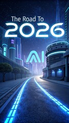 Futuristic road with words spelling 'The Road to 2026 AI', symbolizing digital innovation, artificial intelligence progress, and technological advancement