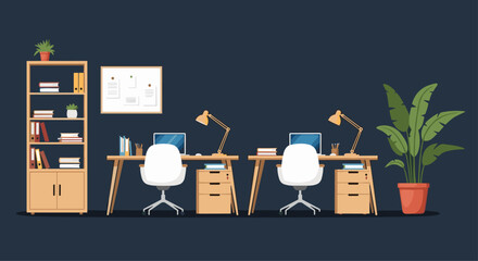 Modern office space with two desks, laptops, lamps, chairs, and shelving, creating a professional and productive work environment for collaboration and focus