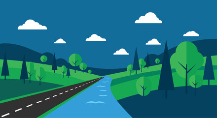 Serene landscape unfolds with a winding road beside a vibrant blue river, inviting journey and exploration through lush green hills under a sky dotted with fluffy clouds