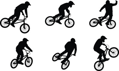 Fototapeta premium Dynamic BMX bike stunt silhouettes performing extreme tricks, freestyle cycling jumps, urban sports action, adventurous riders showcasing energy, balance, and motion
