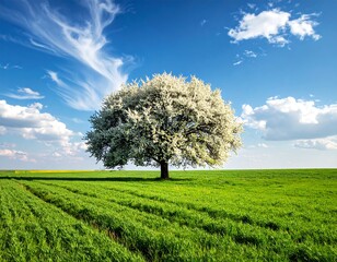 Solitary Tree in a Green Field Under a Blue Sky.