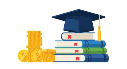 Unlock Future Success Investing in Education Stacked Books Graduation Cap and Gold Coins Symbolizing Wisdom and Financial Gain