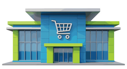 Vibrant modern storefront with large windows and prominent shopping cart icon, inviting customers to explore retail and commercial opportunities