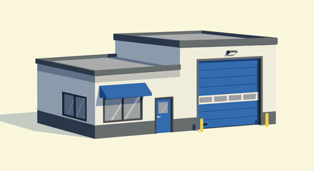Modern commercial building with a large blue garage door and clean architectural lines, perfect for business concepts