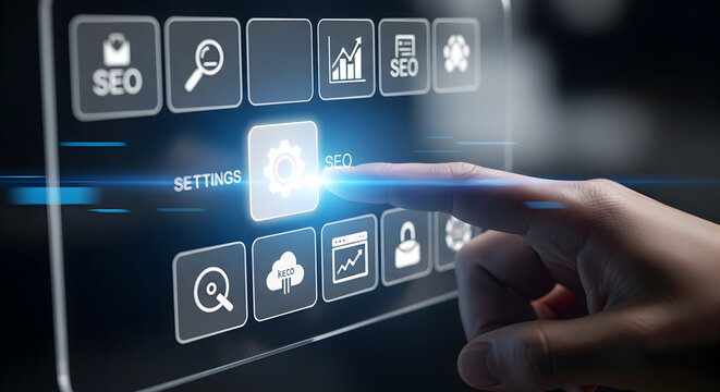 Business professional optimizing digital presence with touch screen interface