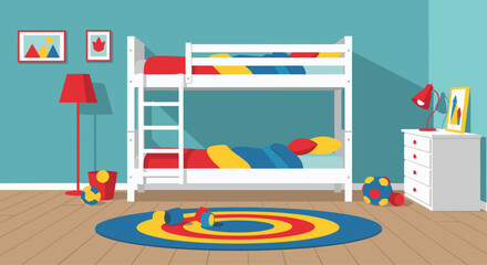 Vibrant and playful children's bedroom featuring a cozy bunk bed, colorful bedding, toys, and artwork, perfect for illustrating childhood fun and comfort