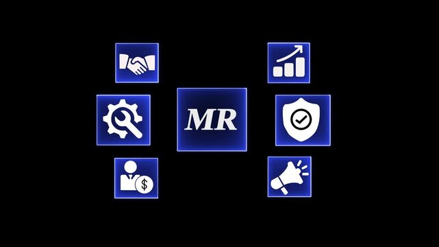 MR business concept with icons for , money, handshake, growth, security, and marketing on background.