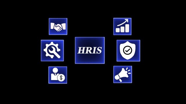 HRIS business concept with icons for , money, handshake, growth, security, and marketing on background.