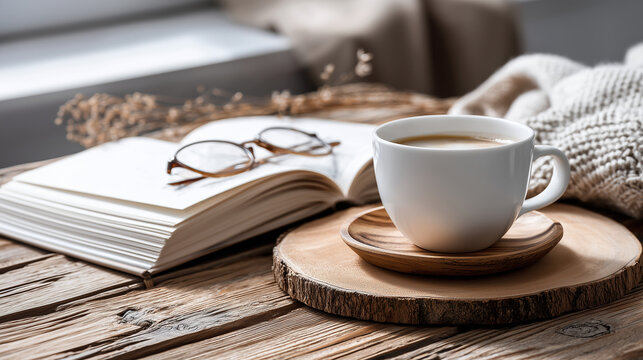 Cozy Coffee and Reading Scene with Open Book and Glasses