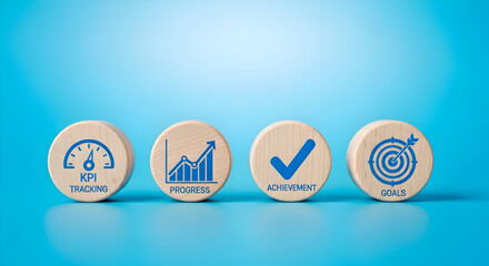 Business success visualized KPIs progress achievement goals on wooden blocks