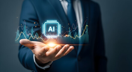 Businessman presents AI chip with futuristic data analytics and glowing light