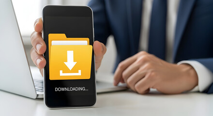 Businessman downloading files on smartphone, modern office setting