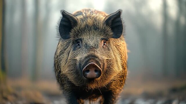 Wild Boar Stares Directly into Camera in a Misty Forest.