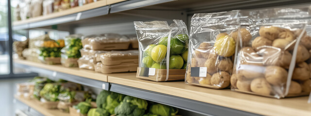 Biodegradable packaging displays fresh produce, including limes and potatoes, on store shelf. organized layout highlights eco friendly options, promoting sustainability and healthy choices
