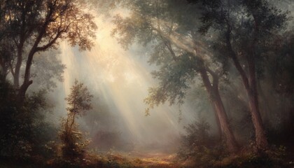 Fototapeta premium Sunbeams breaking through a misty forest, illuminating the path