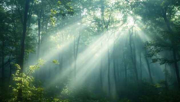 Sunbeams pierce through a misty green forest